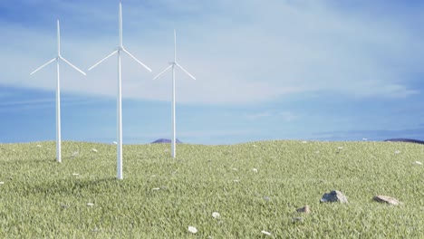 Animación-3d-De-Turbinas-Eólicas-Giratorias-Contra-El-Cielo-Azul-En-Campo-Verde