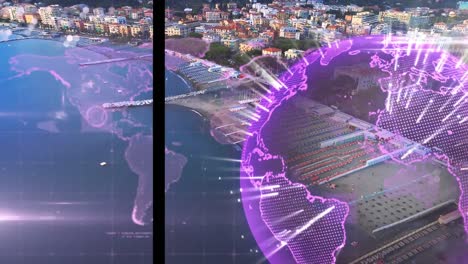 animación del procesamiento de datos y el globo sobre el paisaje de la ciudad
