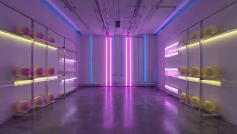 organized industrial storage with neon lighting
