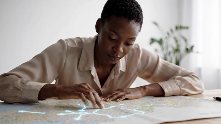 Focused woman tracing a path on a detailed map, analyzing routes and locations with concentration, exploring possibilities for travel or journey planning.