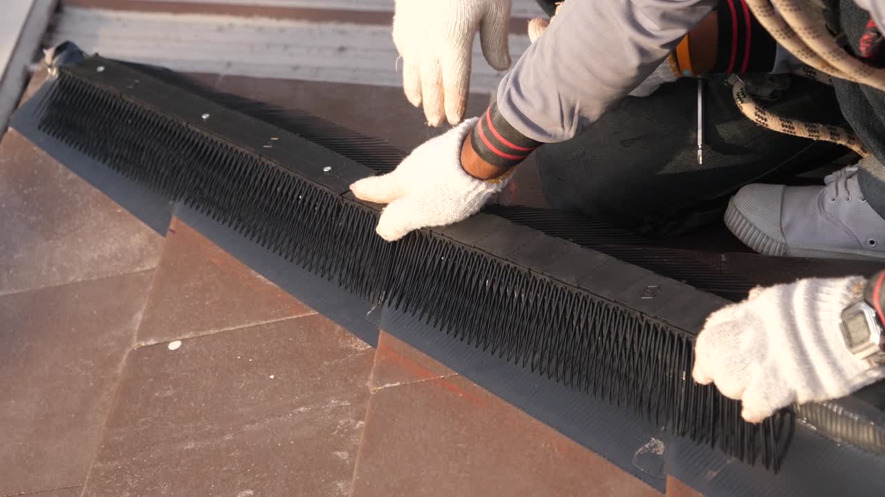 Asian Worker Doing Roof Tiles Installation, Cutting, Measuring Process, Close Up