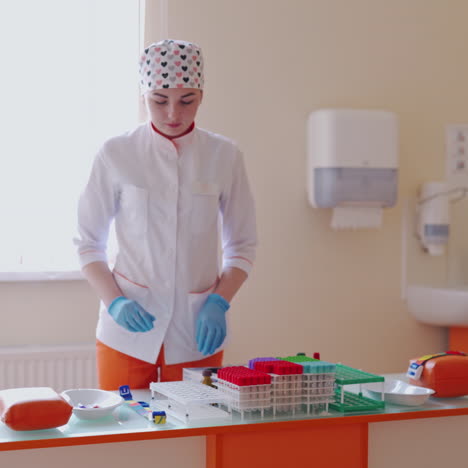 pretty young medical nurse in the laboratory. lab assistant in medical uniform is takes test tube on the table near the window in modern clinic.