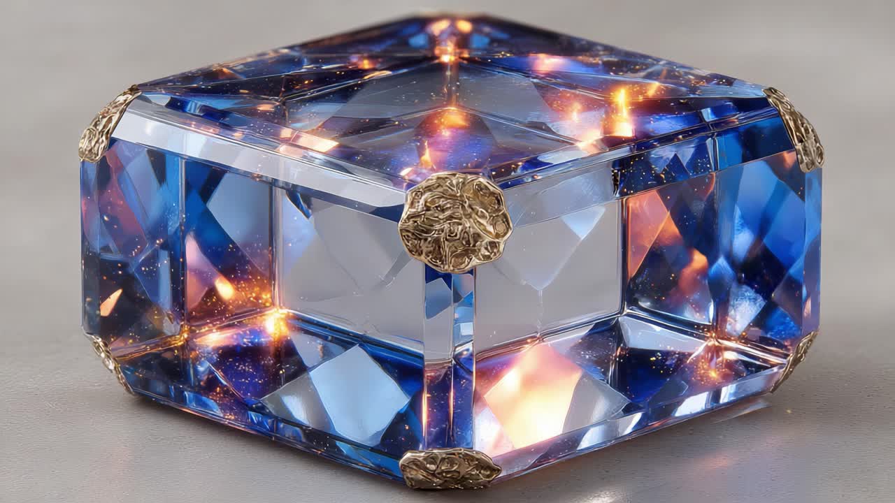 Refined sapphire blue crystal with golden accents rotating slowly. Showcasing the mesmerizing reflections and brilliant facets against a neutral background. Creating a feeling of luxury and elegance