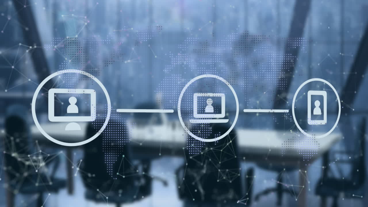 animación de diagrama de flujo de iconos con puntos conectados y mapa de sillas desocupadas en la oficina