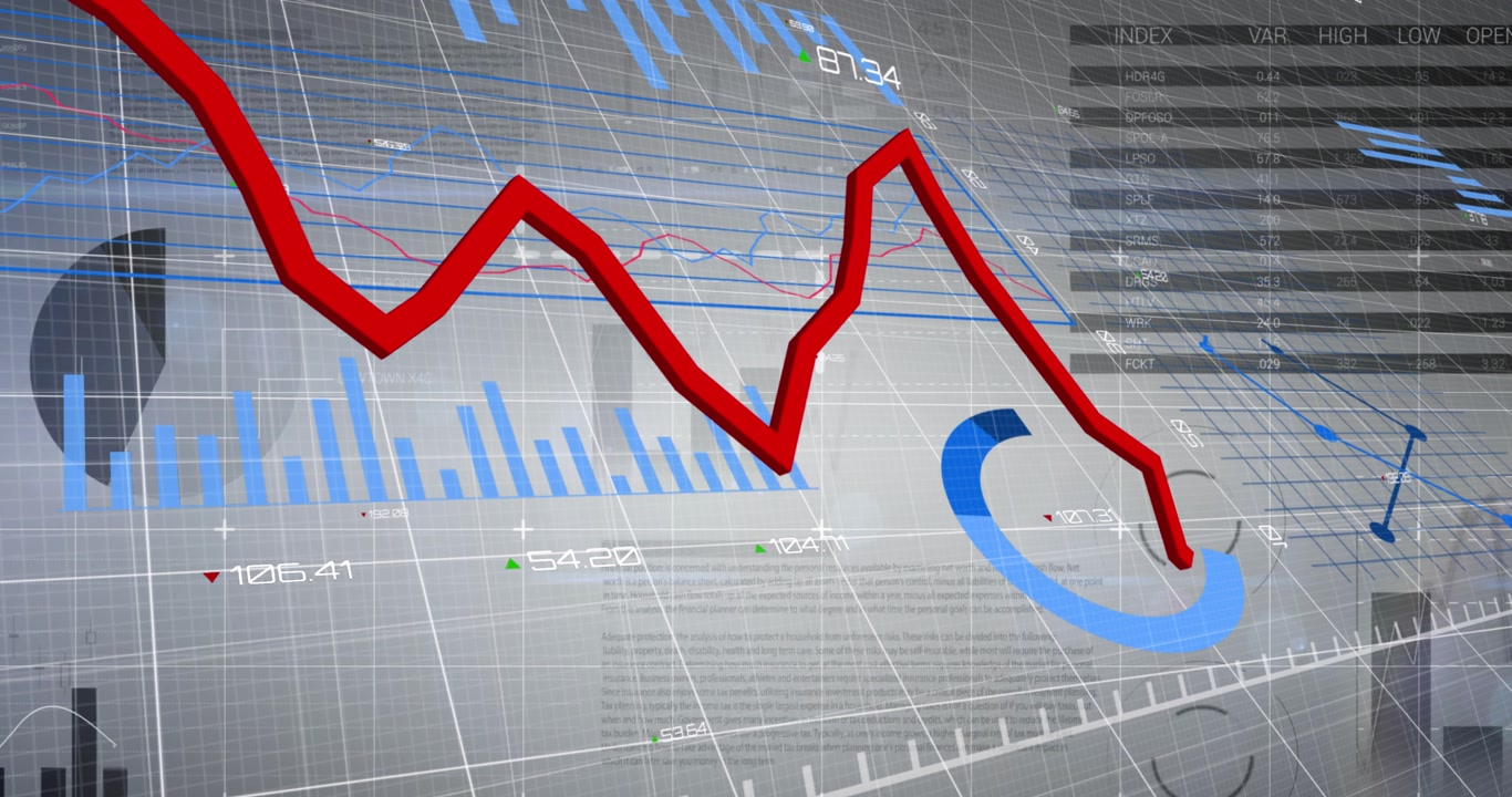 Animation of statistics and financial data processing with red line over grid
