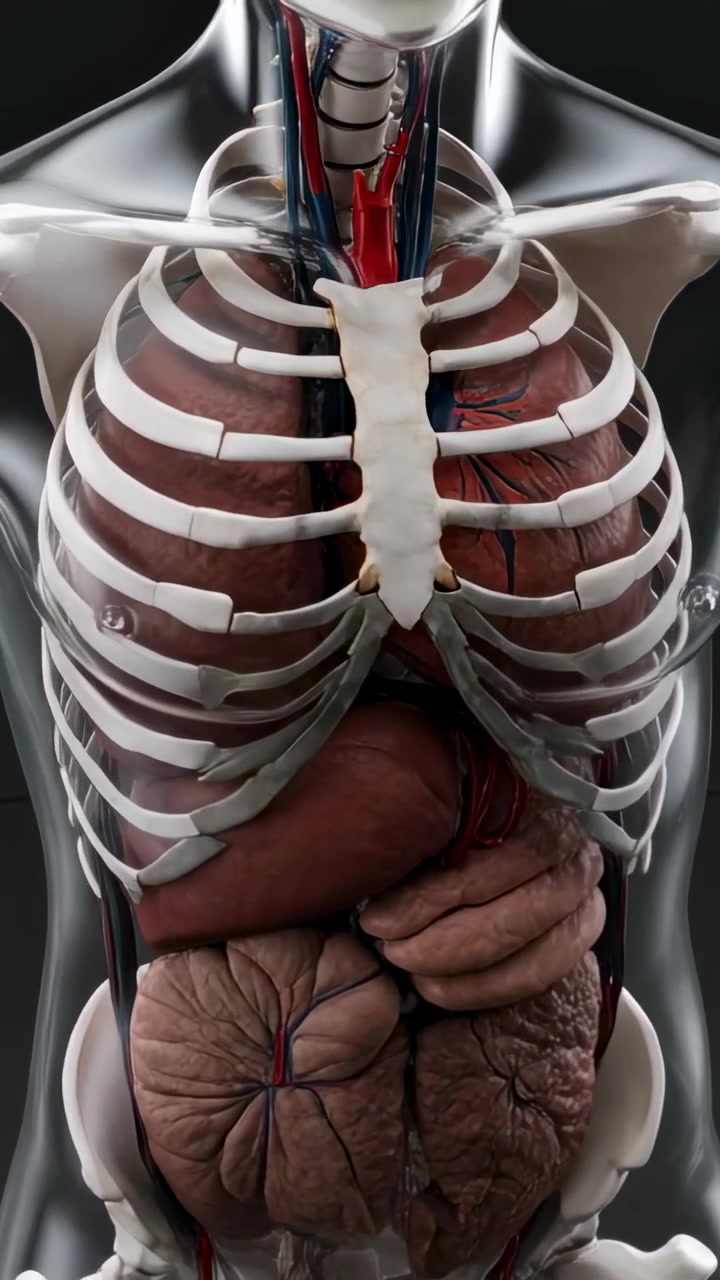 Video verticale: Torso femminile trasparente rotante in studio in mostra, che rivela costole e cuore per lo studio