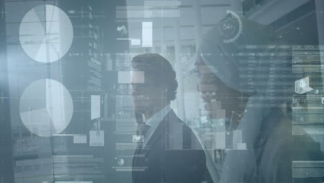 animation of graphs and trading board, diverse coworkers walking and discussing reports