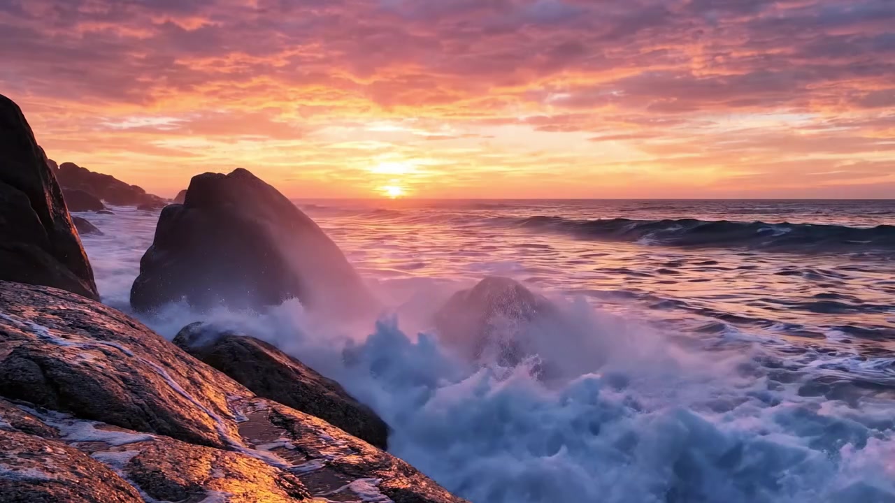 A Stunning Sunrise Over the Ocean: Captivating Waves Crashing Against Rocky Shoreline, Illuminated by Vibrant Colors in a Serene Coastal Landscape