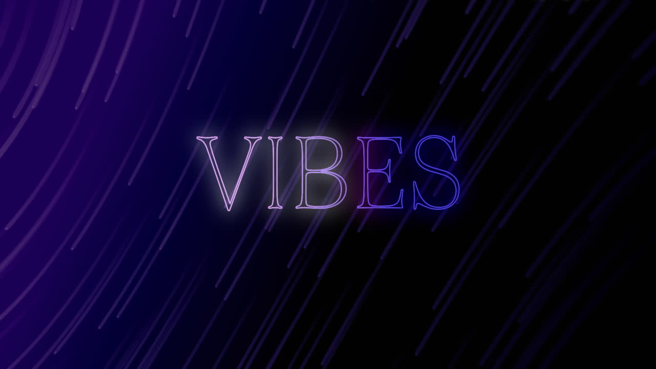 Animation af et tekstbanner med 'neon vibes' over lysspor mod blå gradient baggrund