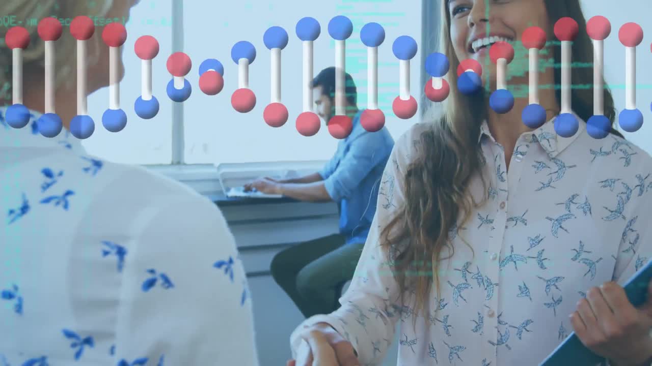animación de la cadena de adn girando sobre la gente de negocios apretón de manos