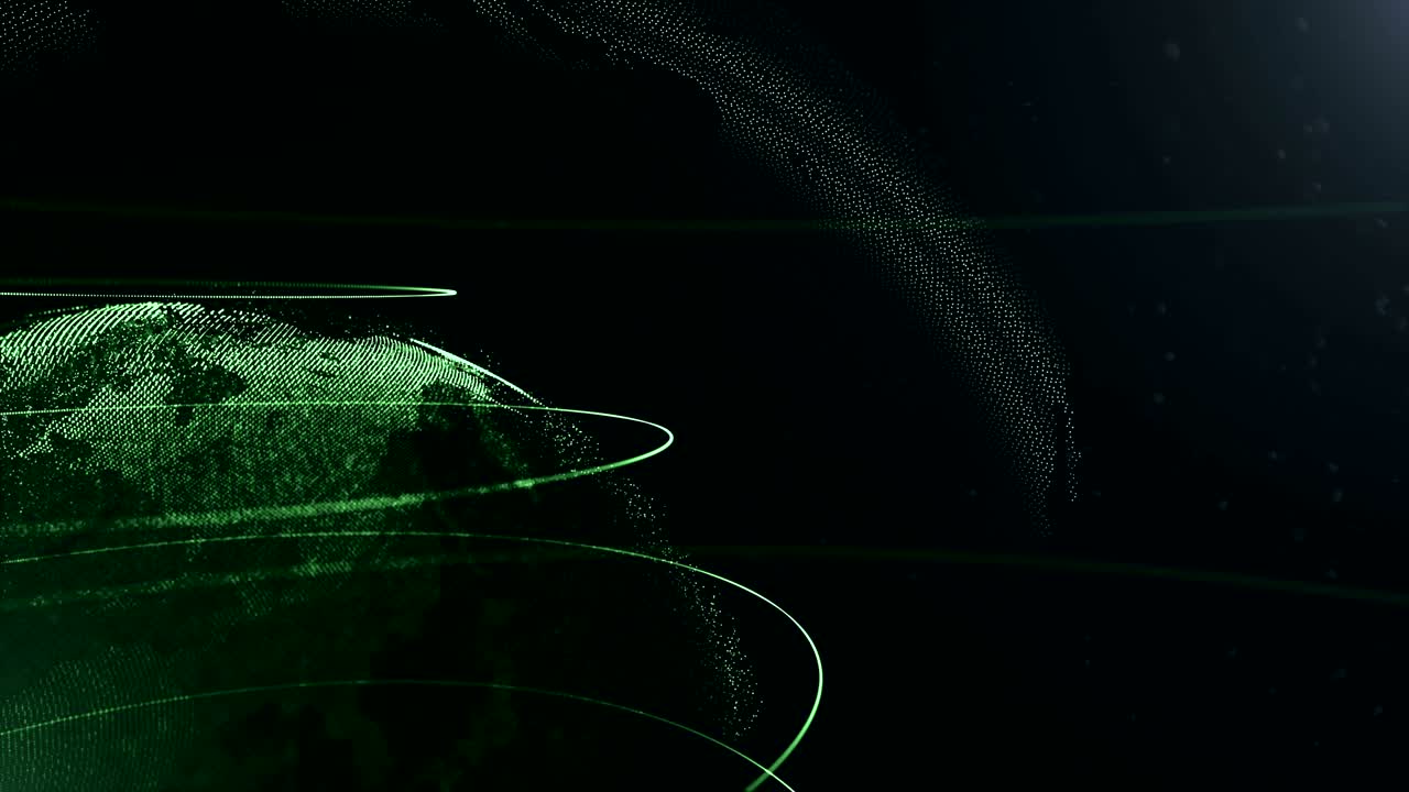 Abstract sphere. Cropped video. Connected green dots with lines. Globalization interface. Planet is moving on the right side. 4K.