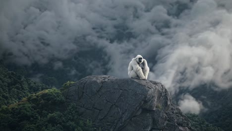 white langur monkey on mountain top in misty clouds