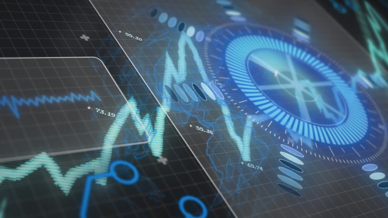 검은색 배경에 대한 원, 그래프 및 회로판 패턴의 애니메이션