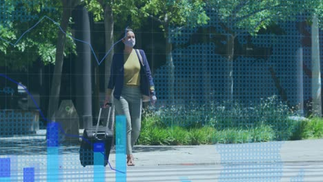 statistical data processing against woman wearing face mask with trolley bag crossing the street