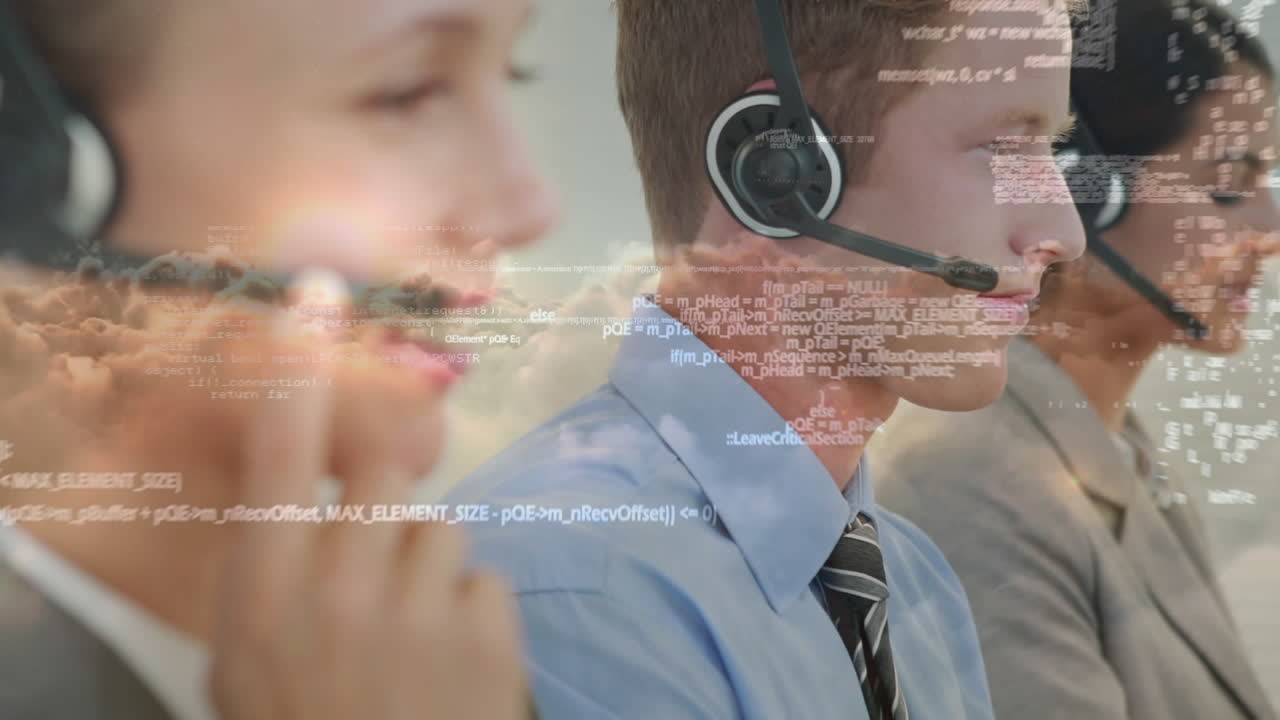 Animation of data processing over business people wearing phone headsets