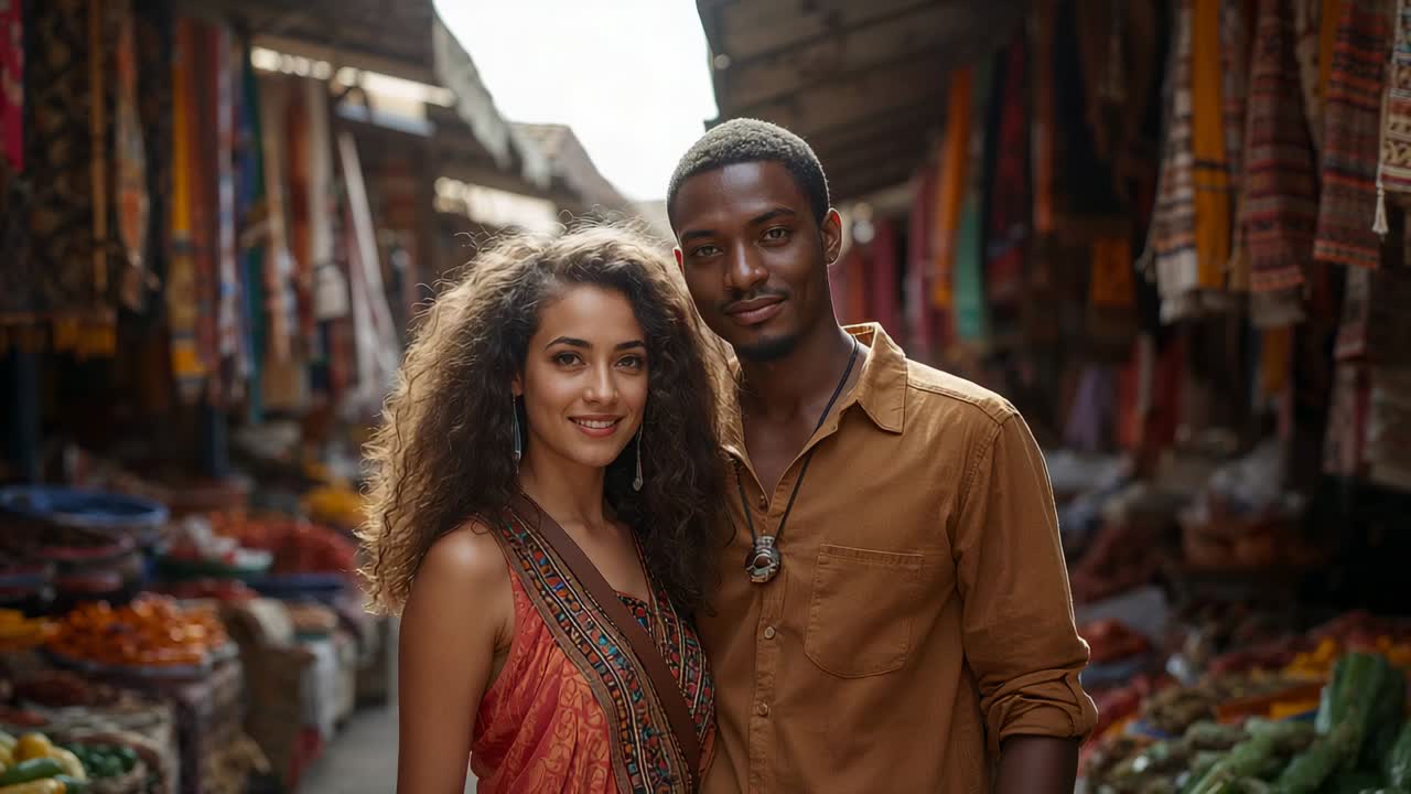 Coppia sorridente che posa per un ritratto in un bazar, zoom della fotocamera, vestito, camicia marrone, ciondolo, orecchini