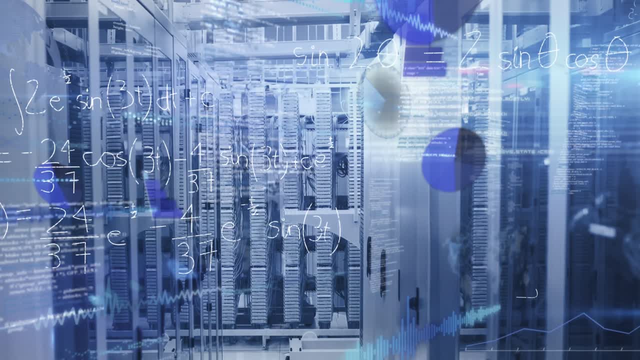 Animation of data processing and mathematical equations floating against computer server room