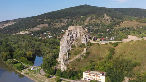 revealing shot of hrad devin castle in bratislava, slovakia