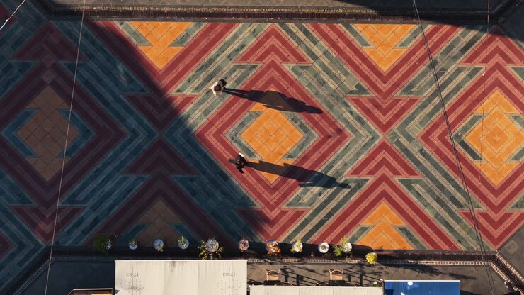 Aerial drone view of the iconic geometric mosaic pavement in old town of Tuzla, Bosnia and Herzegovina