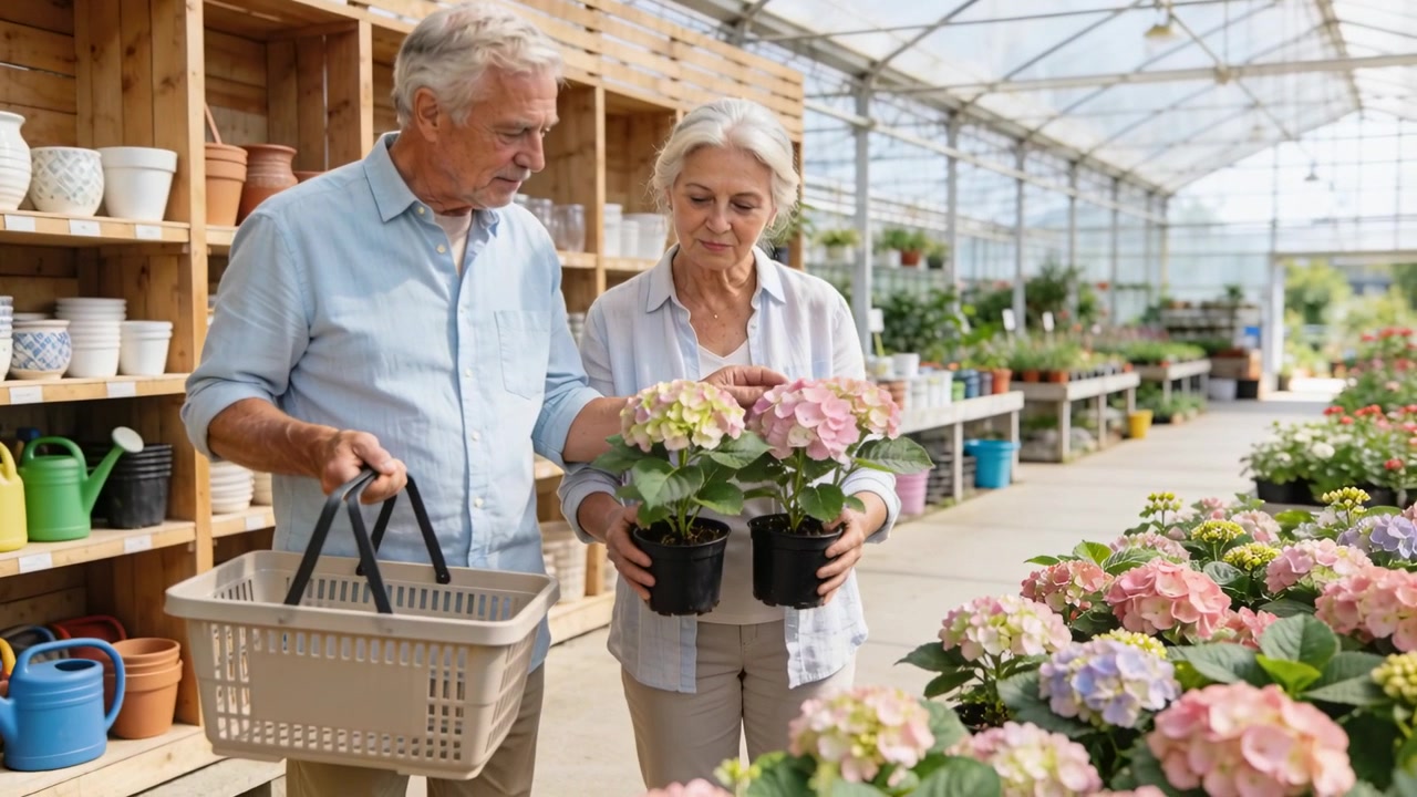 Anziani in abiti leggeri che individuano ortensie e confrontano vasi neri da comprare in vivaio, tenendo un cesto.