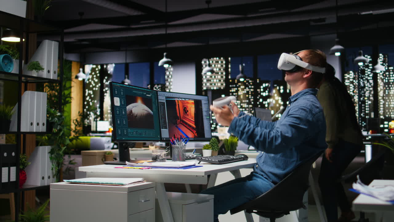 Professional male developer operating VR glasses to create spaceship station