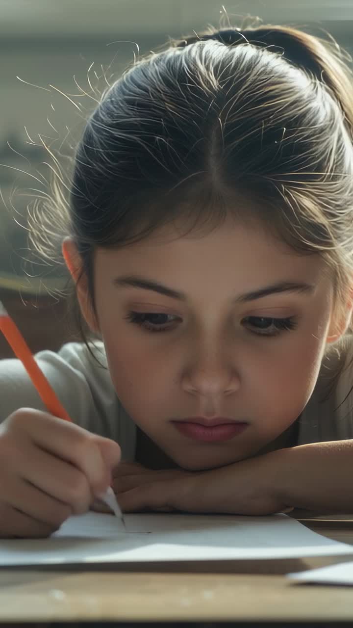 Video verticale: Ragazza con maglietta chiara chinata a scrivere con una matita arancione al tavolo mentre fa i compiti.