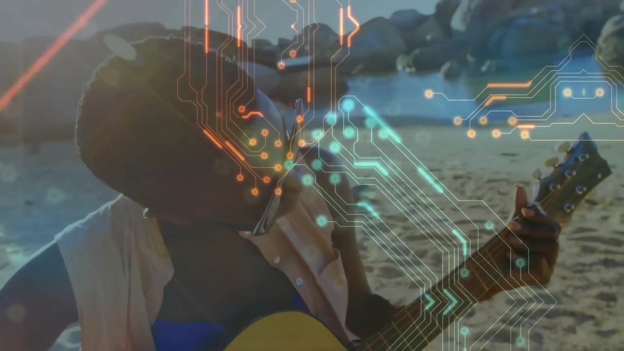 Woman playing guitar on beach for technology, strumming causing circuit pulsing and revealing coast