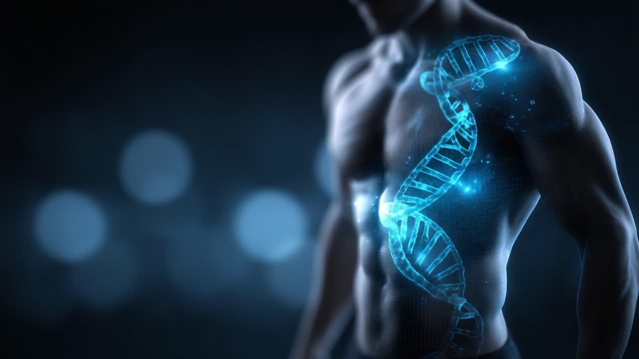 Illuminando l'essenza della vita: una sorprendente visualizzazione dell'elica del DNA che si trasforma attraverso la forma umana, fondendo scienza e arte in una rappresentazione accattivante.