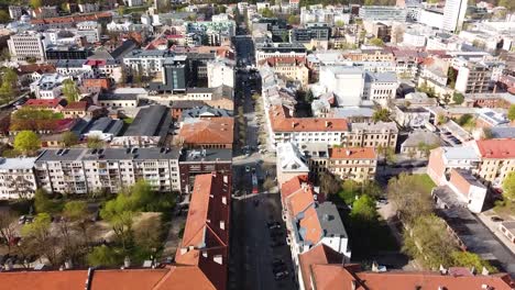 Historical-buildings-of-Kaunas-city-downtown,-aerial-view