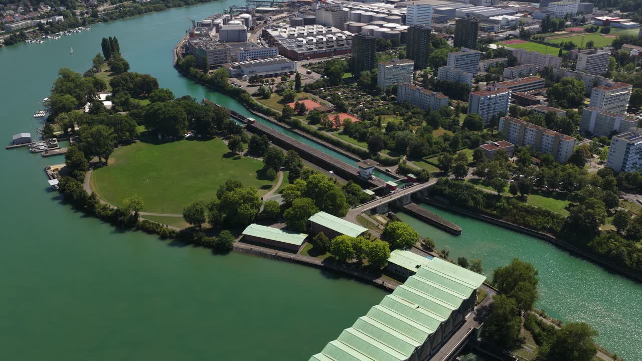 Schleuse Nord Süd Kraftwerkinsel, sluices in Basel, Switzerland, Aerial drone video