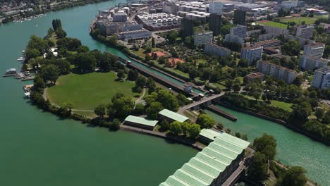 schleuse nord süd kraftwerkinsel, sluices in basel, switzerland, aerial drone video