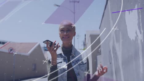 Animation-of-data-processing-with-scope-scanning-over-biracial-woman-talking-on-smartphone