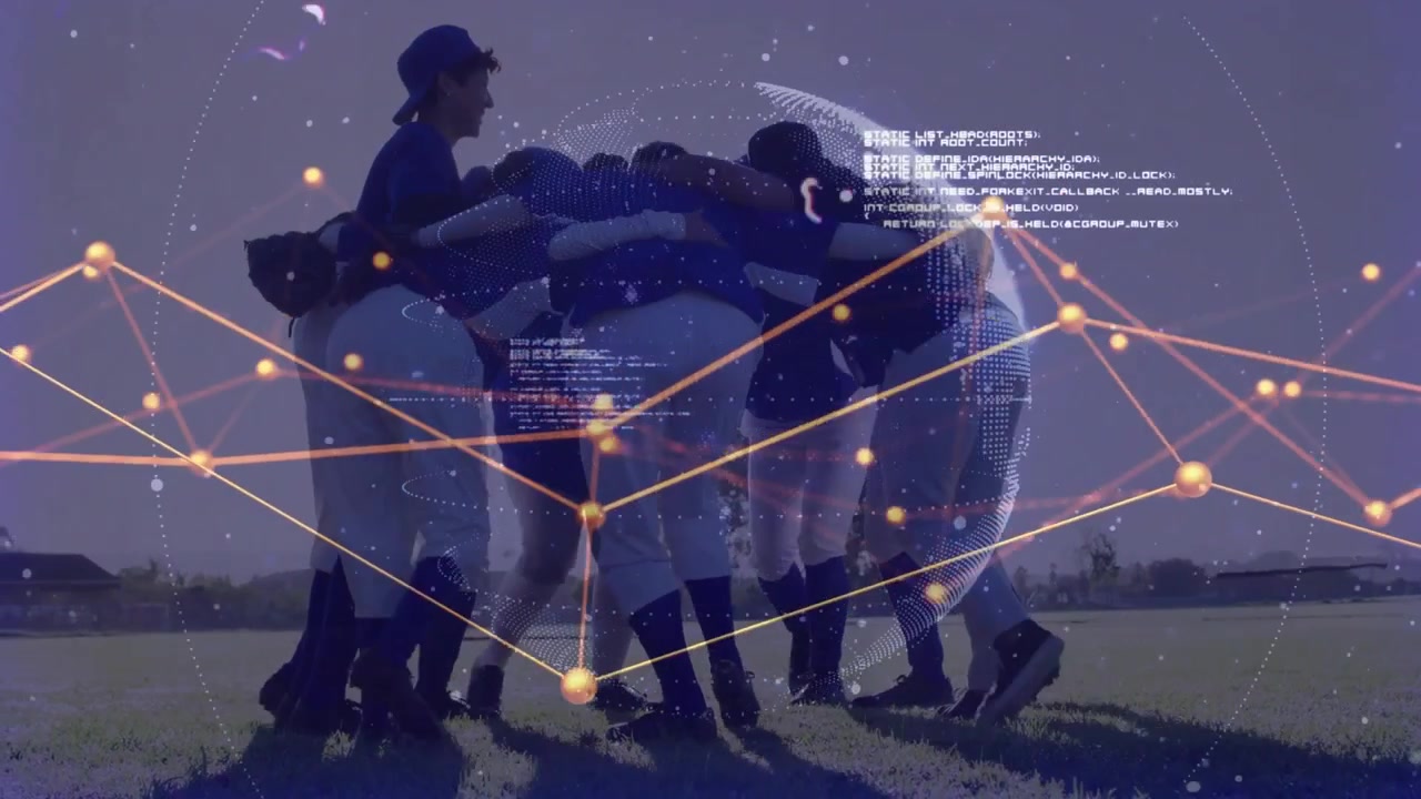 Women baseball players linking arms and launching glowing globe illustrating network connectivity