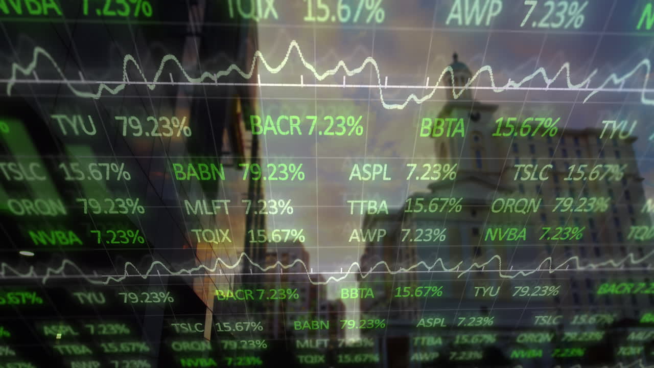 Animazione dell'elaborazione di dati finanziari su un paesaggio urbano