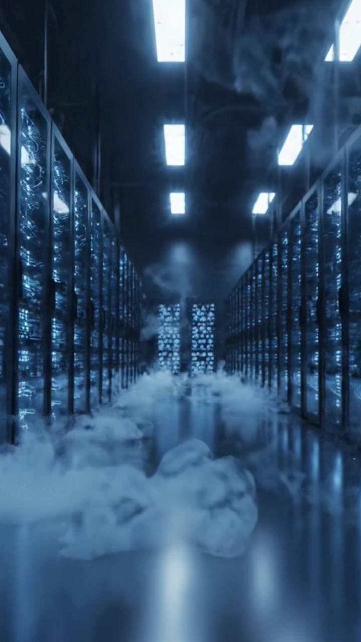 Et indblik i et højteknologisk datacenter: Rækker af servere oplyst af blåt lys med en mystisk tåge, der viser vej gennem den netværksforbundne verden