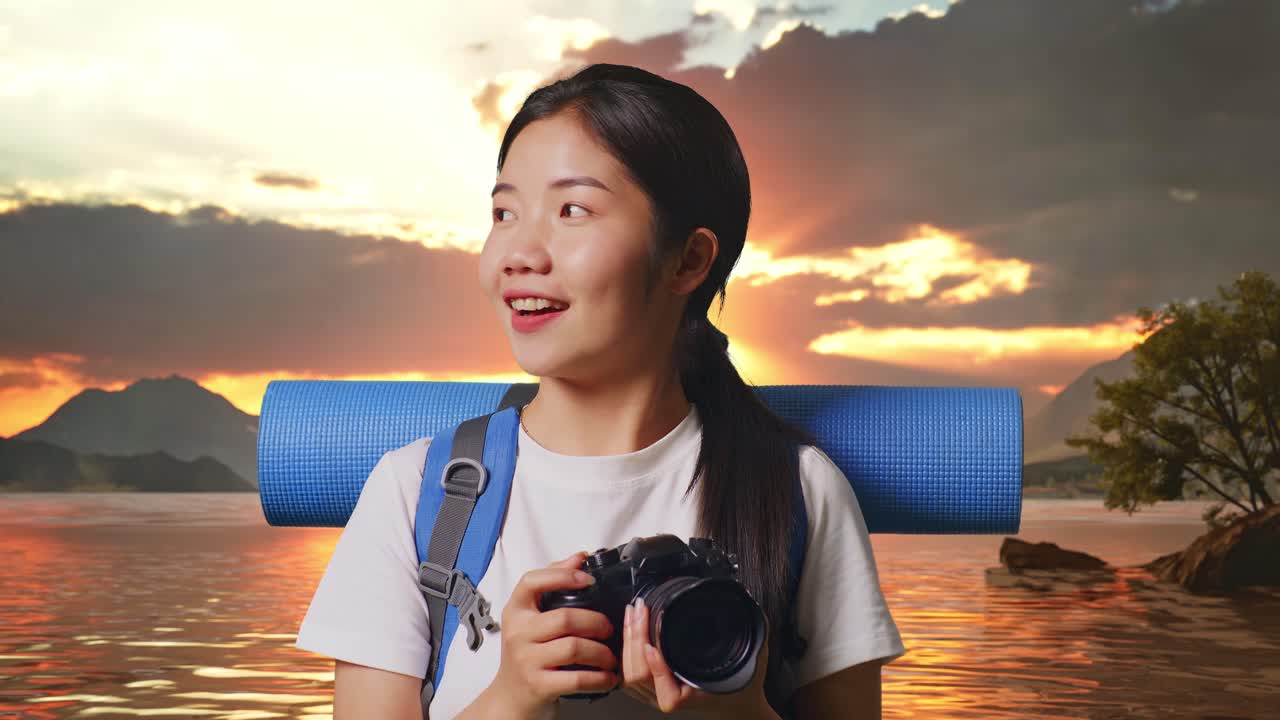 un close-up de una excursionista asiática con una mochila de montañismo sonriendo y sosteniendo una cámara en sus manos luego mirando a su alrededor en un lago