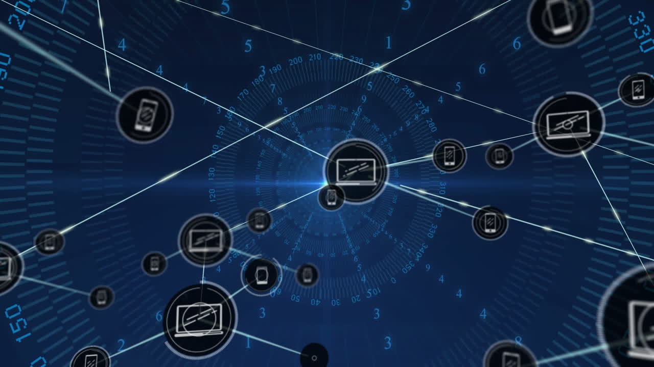 Animation of network of connections with device icons and data processing over black background