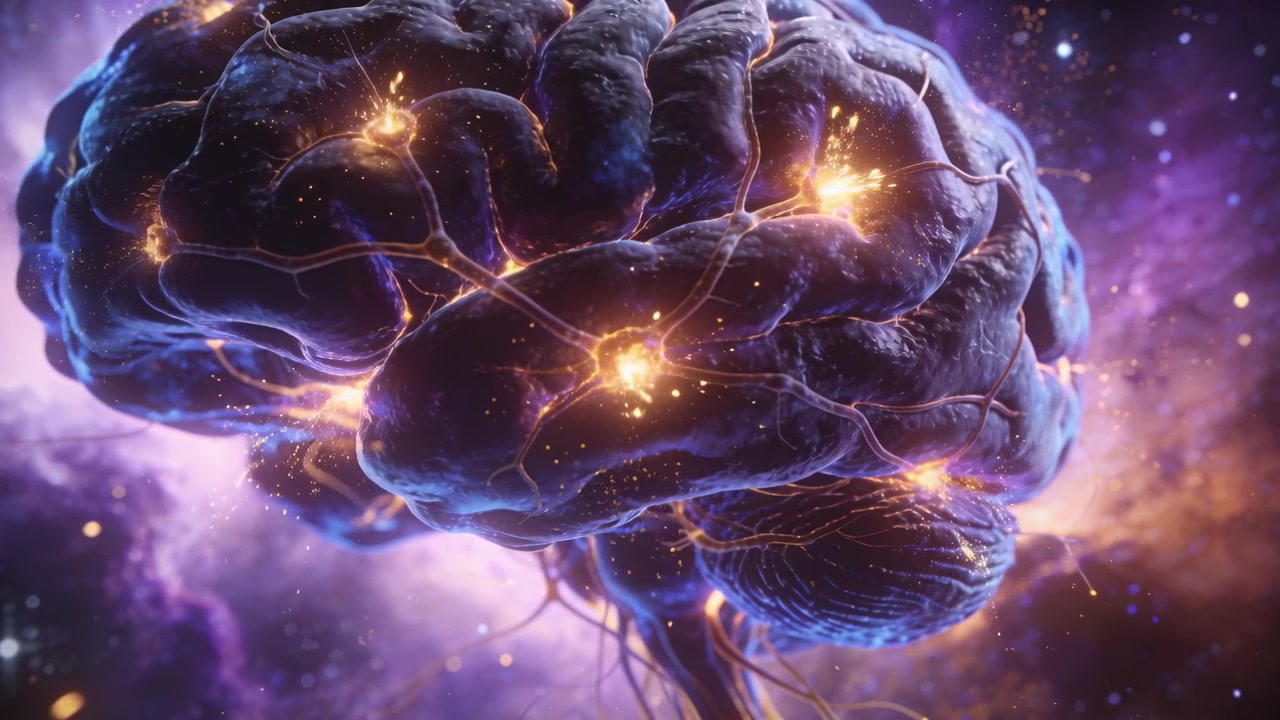 Pulsing 3D brain with golden nodes appearing, sending sparks along paths in nebula showing signals