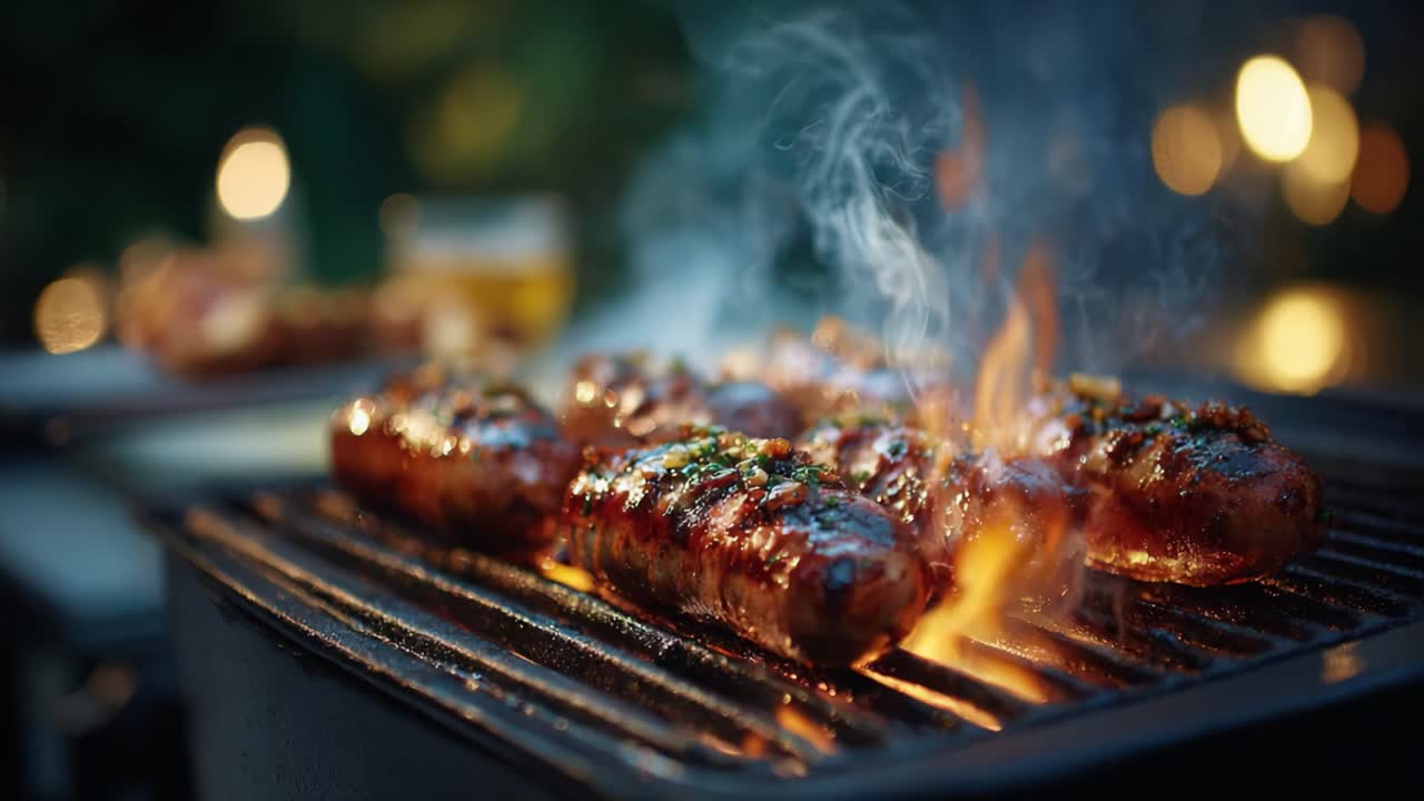 Salsicce grigliate sfrigolanti su un barbecue con fiamme e fumo, che evidenziano la deliziosa bruciatura e la guarnizione mentre il sole tramonta sullo sfondo.