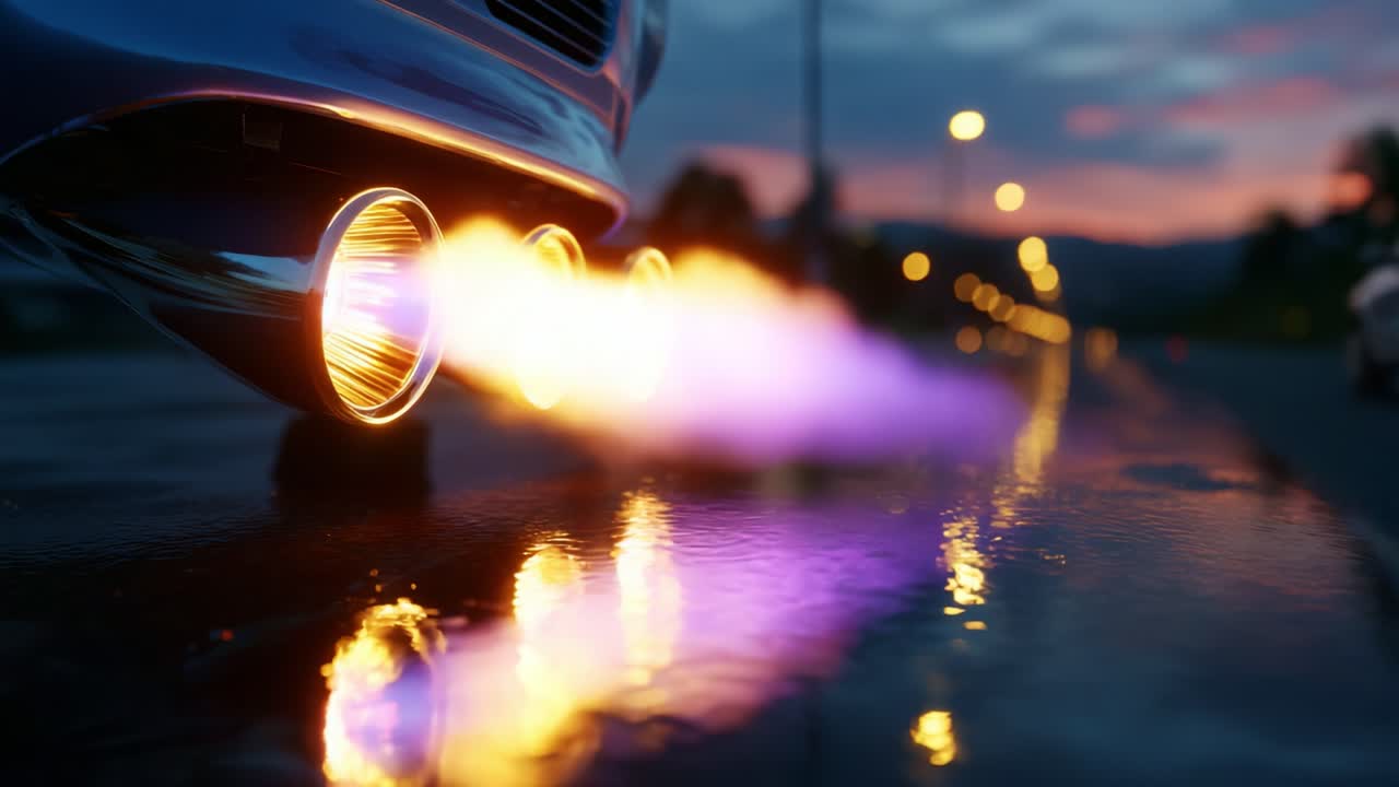 An Captivating Display of Exhaust Flames Erupting from a Car's Tailpipe at Dusk, Featuring Vibrant Colors and Reflective Surfaces That Enhance the Dramatic Atmosphere of the Scene