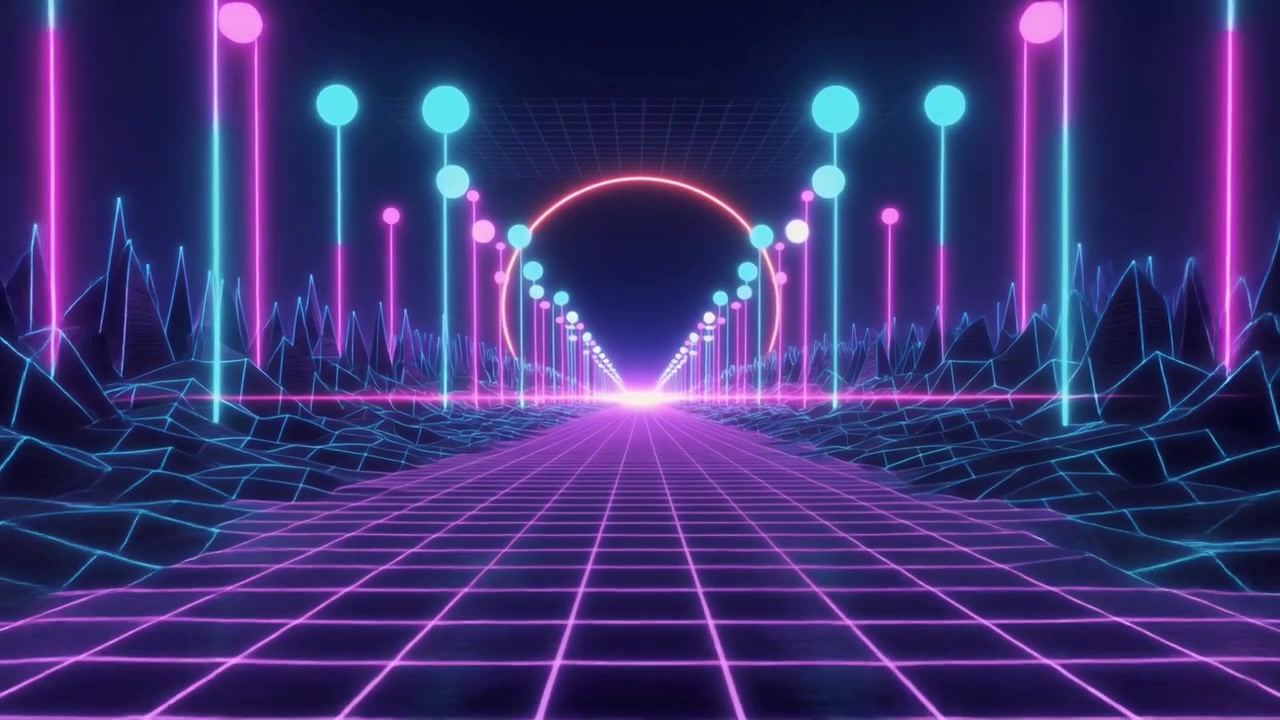 Paesaggio Digitale Retro Synthwave con Griglia e Cerchio al Neon Scintillanti