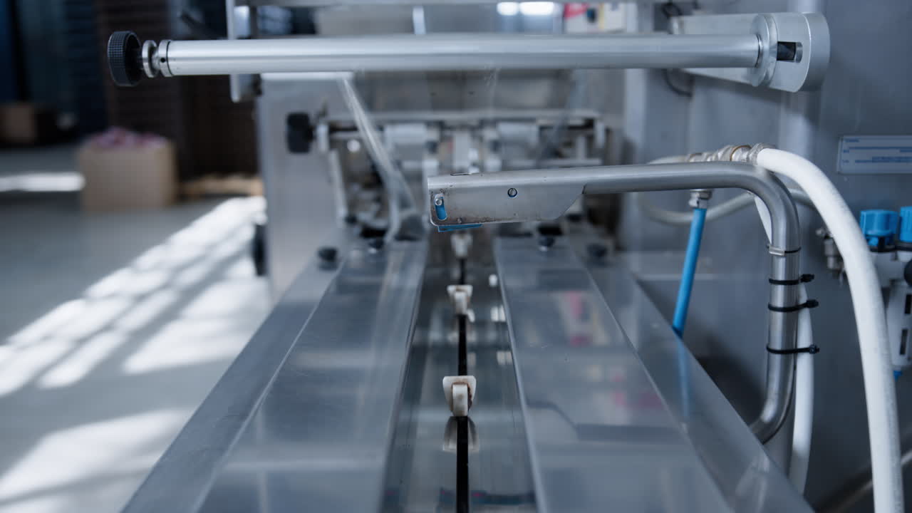 기술 공장에서 빈 컨베이어 기계 움직임 과정 근접