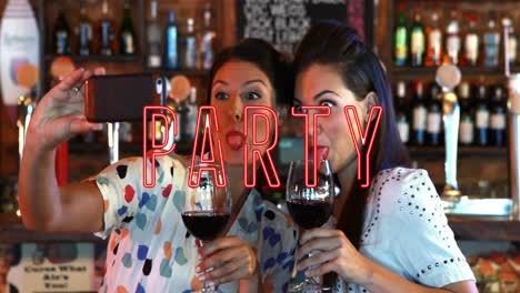 animation of party text over happy biracial female friends drinking wine