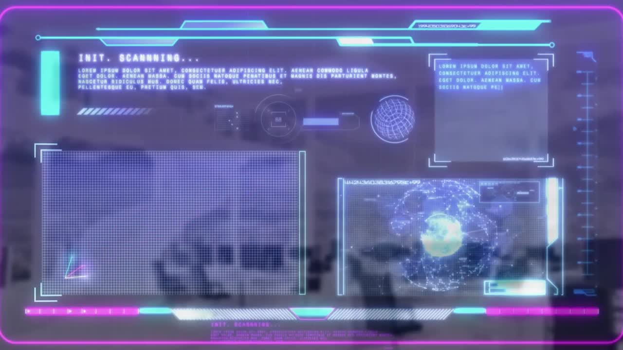 animación de la interfaz digital con procesamiento de datos frente a una oficina vacía