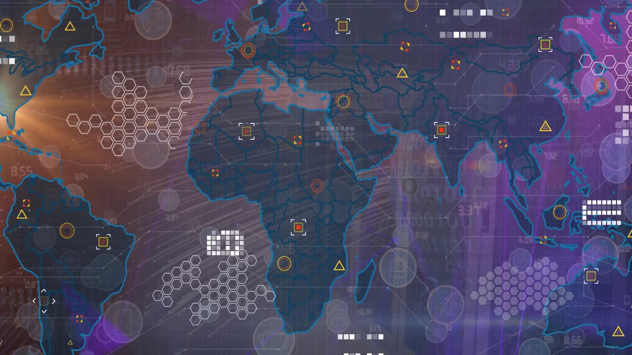 animación de iconos, datos y mapa del mundo en fondo violeta