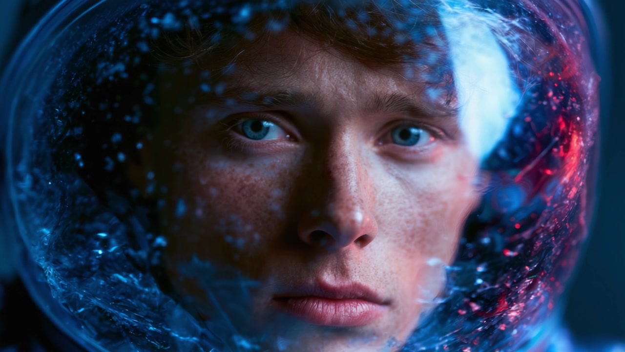 Podmanivý portrét astronauta s intenzivním výrazem, uzavřeného ve vesmírné helmě, ukazující divy a záhady vesmírného průzkumu.