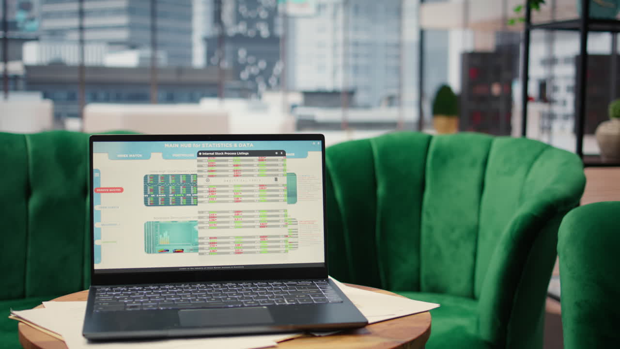 Vertical Video High tech device showcasing infographics and business data in empty office