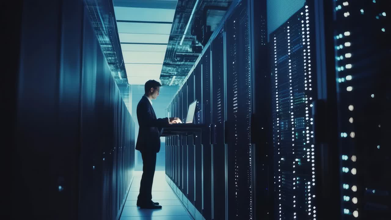 A man works on a laptop in a dimly lit server room. The low-angle shot emphasizes the futuristic