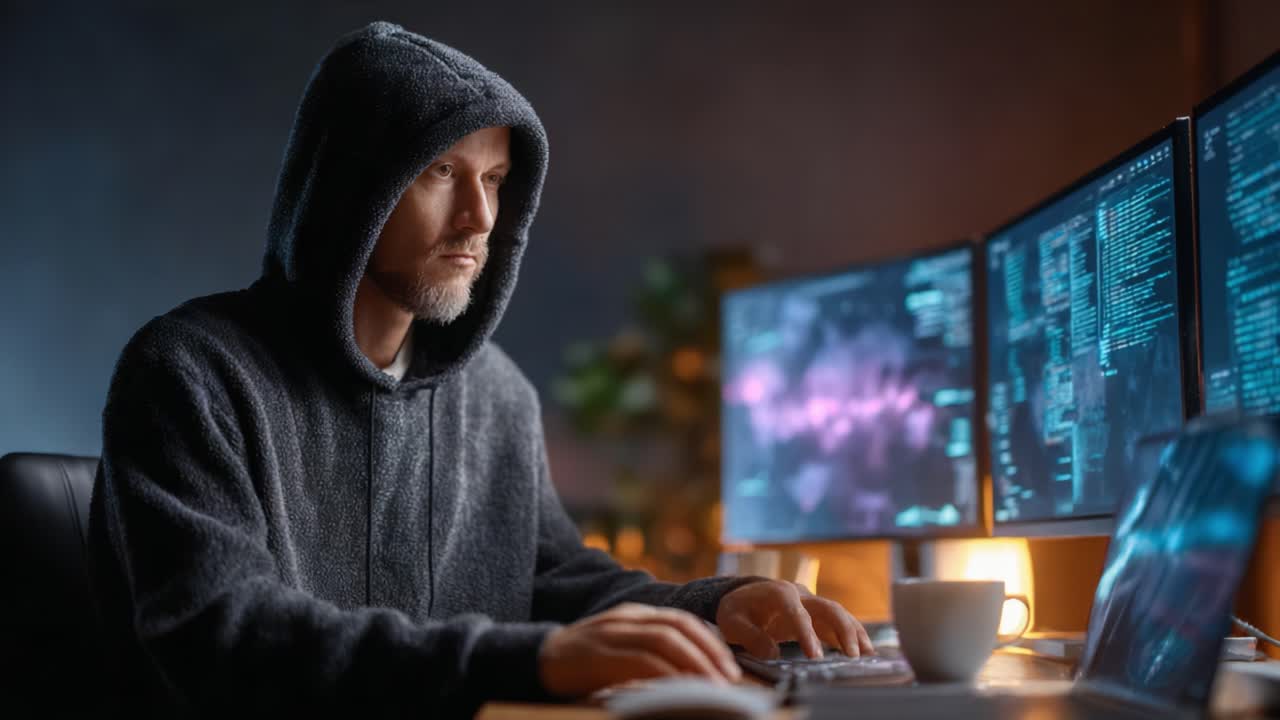 Focused individual in a hoodie analyzes complex data on multiple screens, showcasing a modern workspace bathed in ambient light, emphasizing concentration and digital expertise