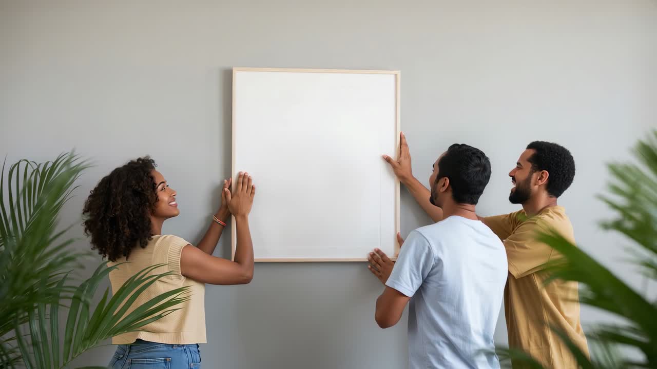 Holding square frame, friends in jeans aligning at home on wall to hang artwork with plants